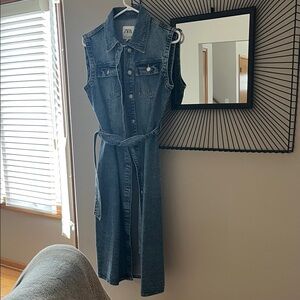 Zara Dark Blue Denim Sleeveless Shirt Dress with Tie Waist